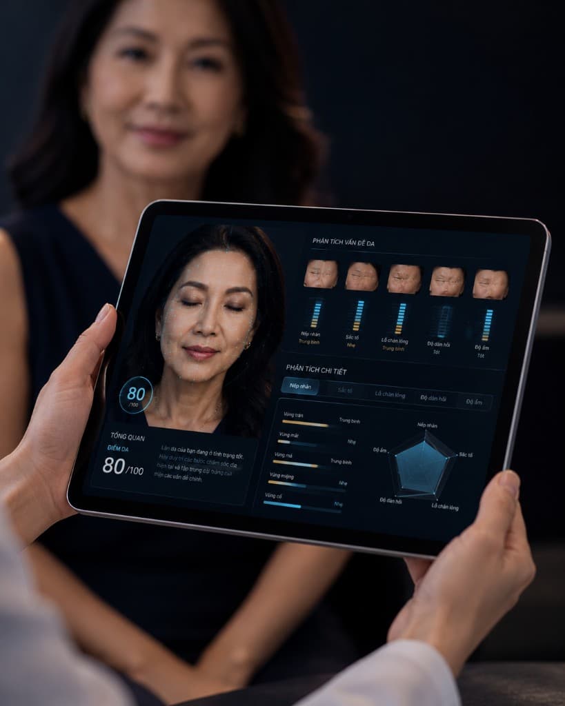 Cận cảnh tablet hiển thị phân tích da AI-assisted baseline trong buổi đánh giá nền