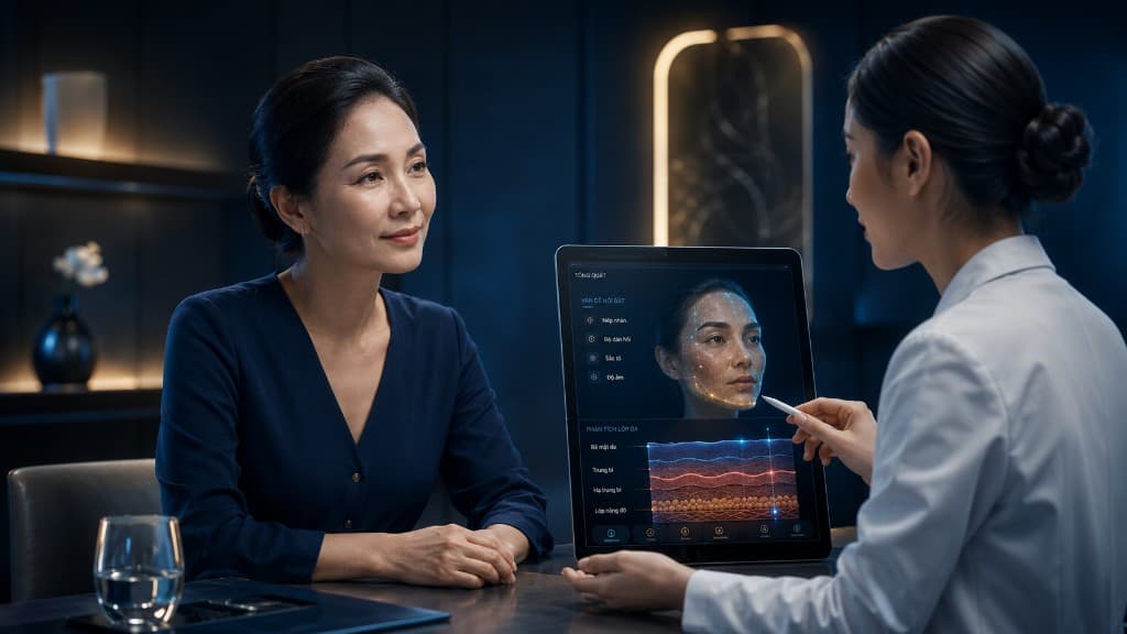 Chuyên môn tư vấn phác đồ 30 ngày với phân tích da AI-assisted trên tablet trong buổi đánh giá
